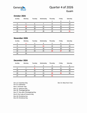 Guam Quarter 4  2026 calendar template