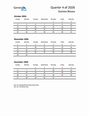 Guinea-Bissau Quarter 4  2026 calendar template
