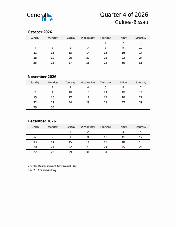 2026 Q4 Three-Month Calendar for Guinea-Bissau