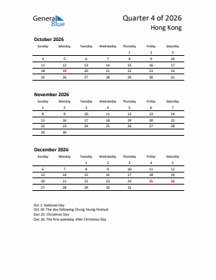 Hong Kong Quarter 4  2026 calendar template