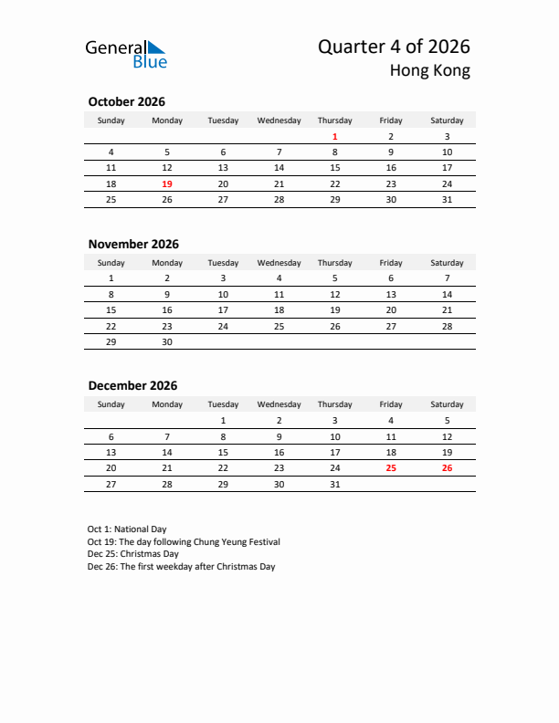 2026 Q4 Three-Month Calendar for Hong Kong