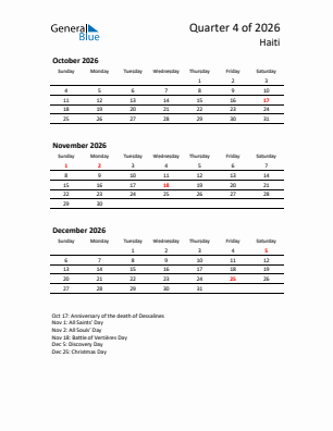 Haiti Quarter 4  2026 calendar template