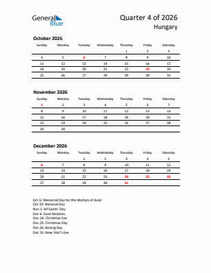 Hungary Quarter 4  2026 calendar template