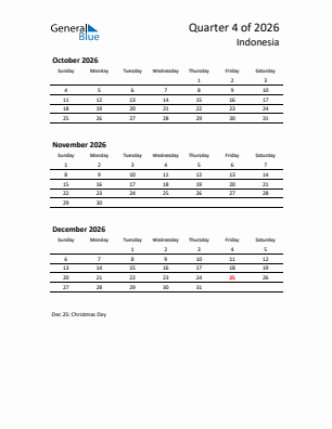 Indonesia Quarter 4  2026 calendar template