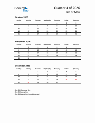 Isle of Man Quarter 4  2026 calendar template