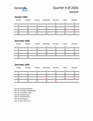 Iceland Quarter 4  2026 calendar template