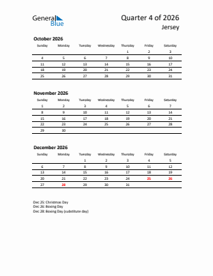 Jersey Quarter 4  2026 calendar template