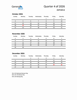 Jamaica Quarter 4  2026 calendar template