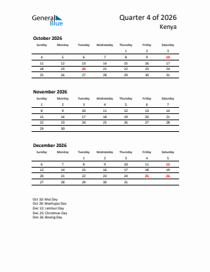 Kenya Quarter 4  2026 calendar template