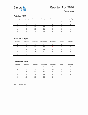 Comoros Quarter 4  2026 calendar template