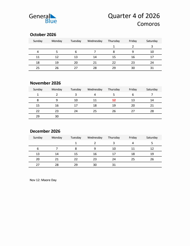 2026 Q4 Three-Month Calendar for Comoros