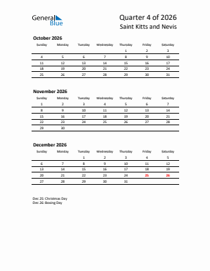 Saint Kitts and Nevis Quarter 4  2026 calendar template