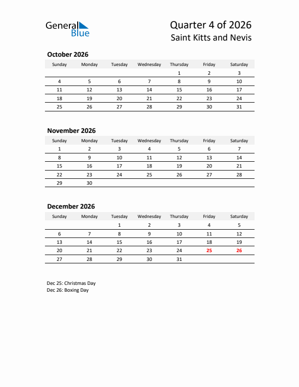 2026 Q4 Three-Month Calendar for Saint Kitts and Nevis