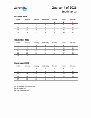 South Korea Quarter 4  2026 calendar template
