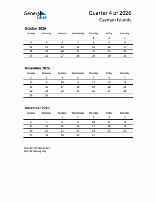 Cayman Islands Quarter 4  2026 calendar template