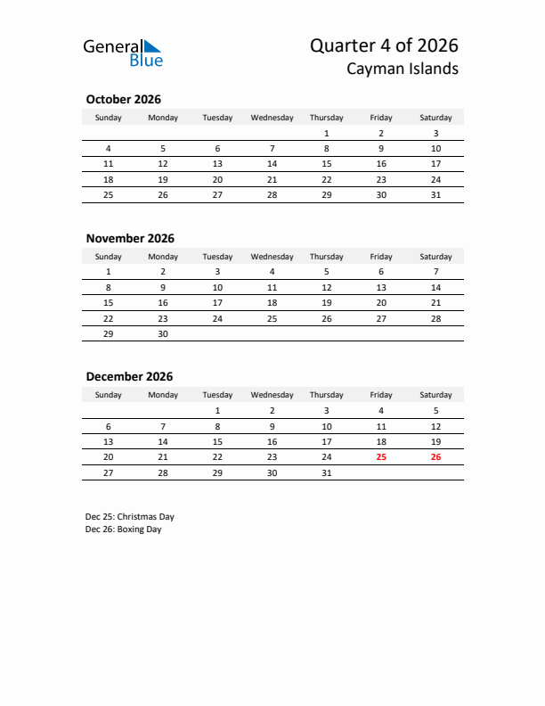 2026 Q4 Three-Month Calendar for Cayman Islands