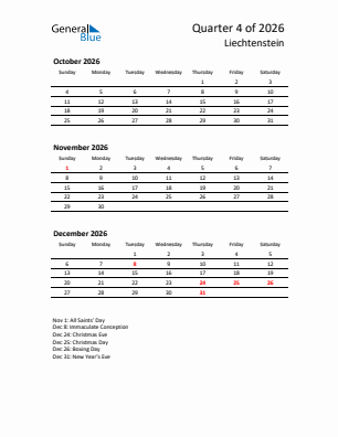 Liechtenstein Quarter 4  2026 calendar template