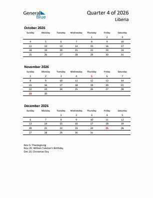Liberia Quarter 4  2026 calendar template