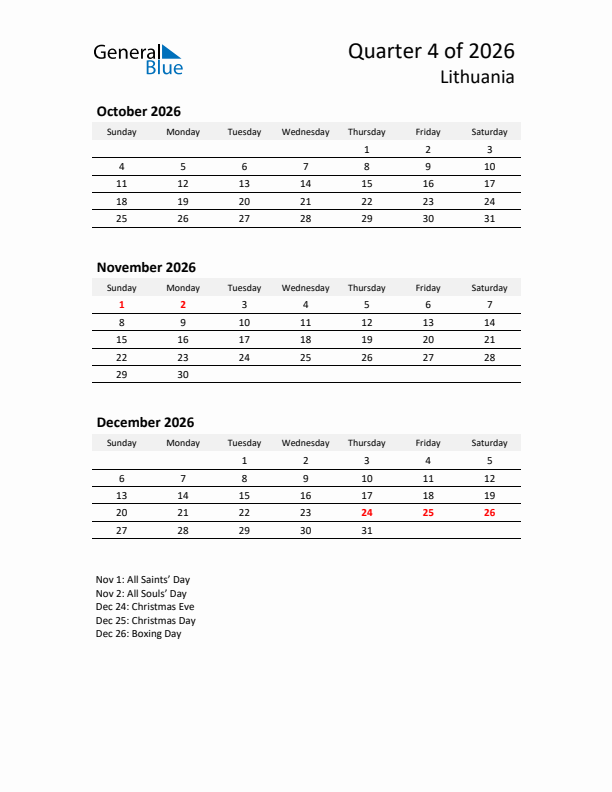2026 Q4 Three-Month Calendar for Lithuania