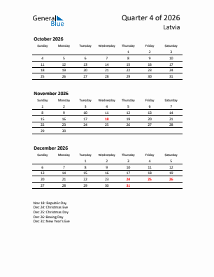 Latvia Quarter 4  2026 calendar template