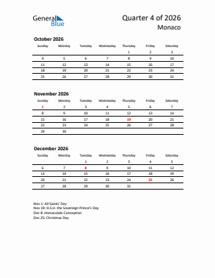 Monaco Quarter 4  2026 calendar template