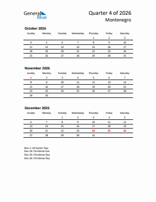 Montenegro Quarter 4  2026 calendar template