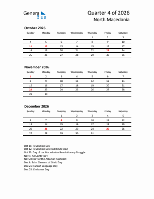 North Macedonia Quarter 4  2026 calendar template