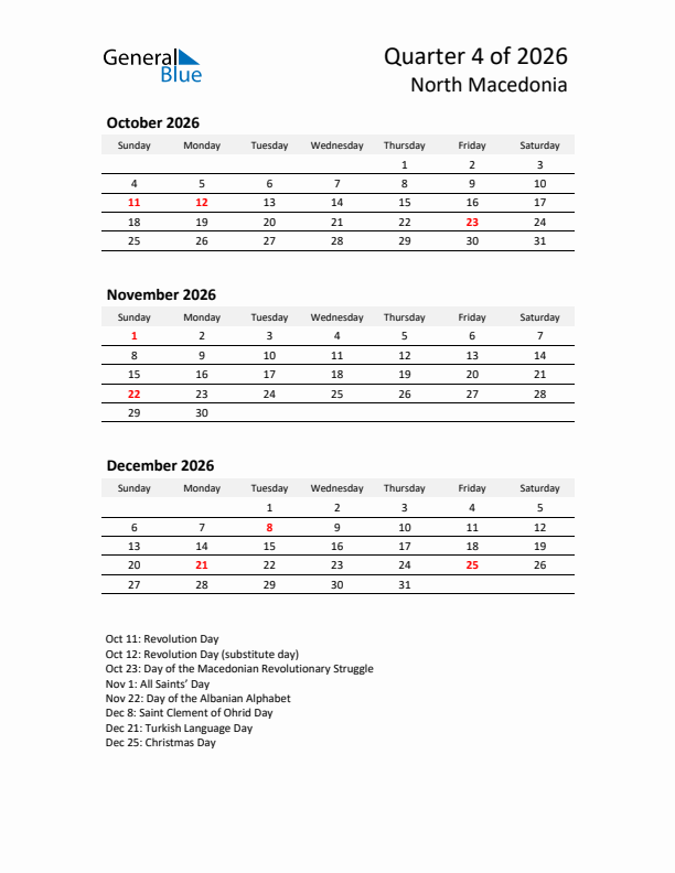 2026 Q4 Three-Month Calendar for North Macedonia