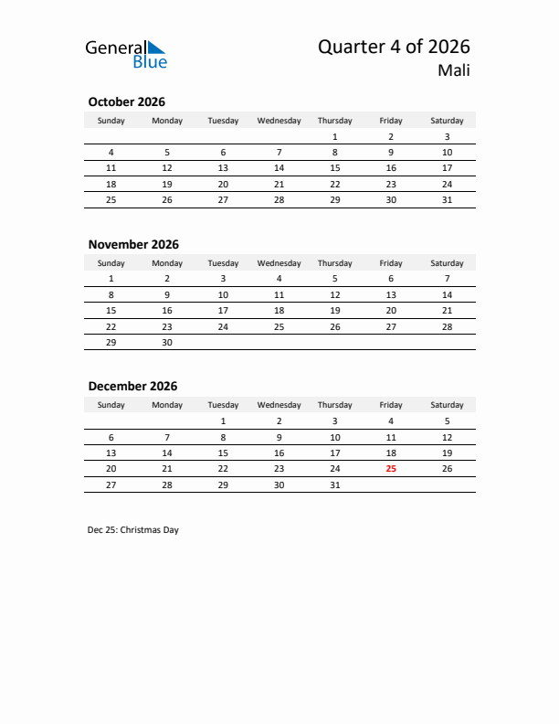 2026 Q4 Three-Month Calendar for Mali