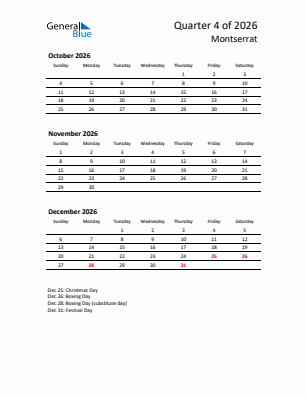 Montserrat Quarter 4  2026 calendar template