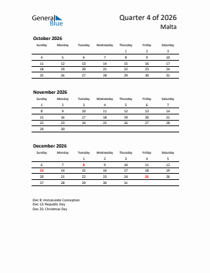 Malta Quarter 4  2026 calendar template