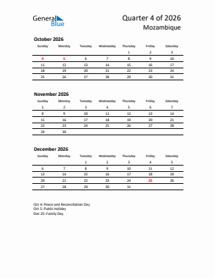 Mozambique Quarter 4  2026 calendar template