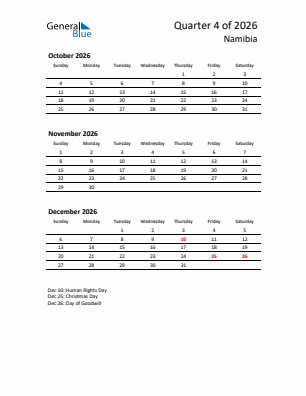 Namibia Quarter 4  2026 calendar template