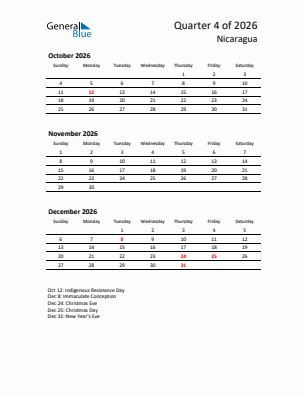 Nicaragua Quarter 4  2026 calendar template