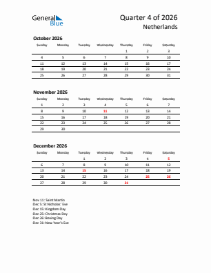 The Netherlands Quarter 4  2026 calendar template