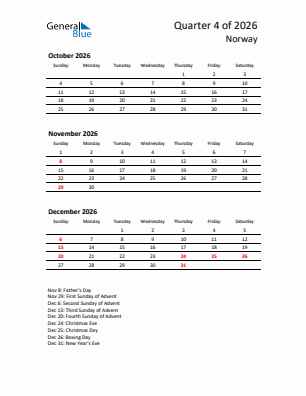 Norway Quarter 4  2026 calendar template