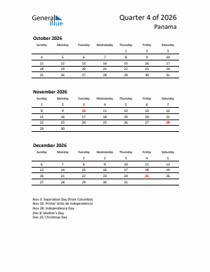 Panama Quarter 4  2026 calendar template