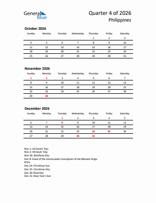 Philippines Quarter 4  2026 calendar template