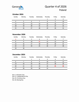 Poland Quarter 4  2026 calendar template