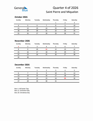 Saint Pierre and Miquelon Quarter 4  2026 calendar template