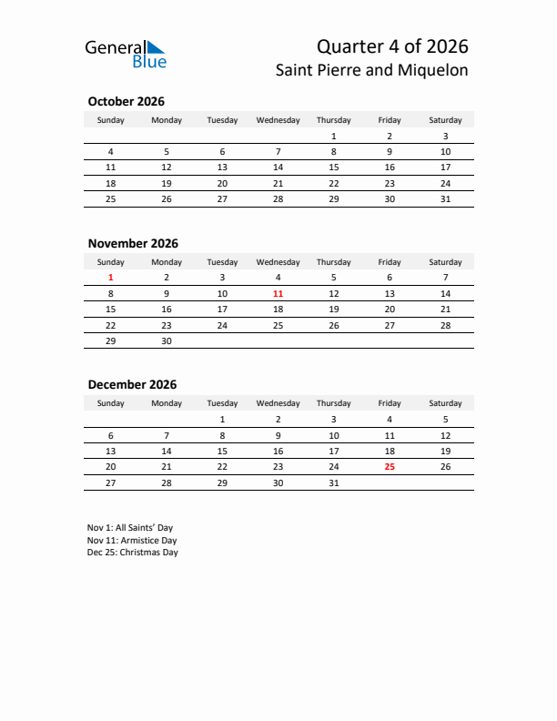 2026 Q4 Three-Month Calendar for Saint Pierre and Miquelon