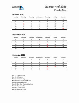 Puerto Rico Quarter 4  2026 calendar template