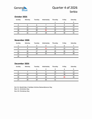 Serbia Quarter 4  2026 calendar template