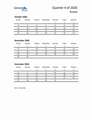 Russia Quarter 4  2026 calendar template