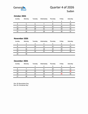 Sudan Quarter 4  2026 calendar template