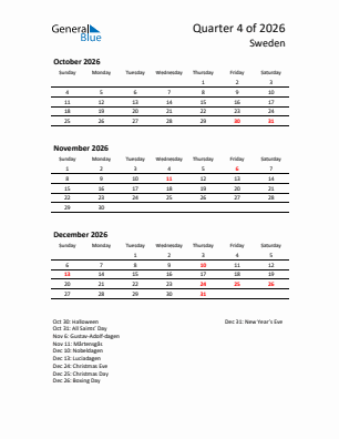 Sweden Quarter 4  2026 calendar template