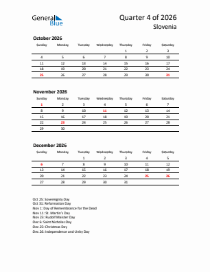 Slovenia Quarter 4  2026 calendar template