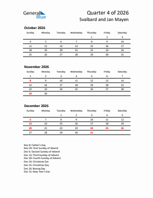 Svalbard and Jan Mayen Quarter 4  2026 calendar template