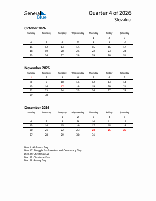 Slovakia Quarter 4  2026 calendar template