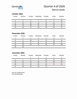 Sierra Leone Quarter 4  2026 calendar template